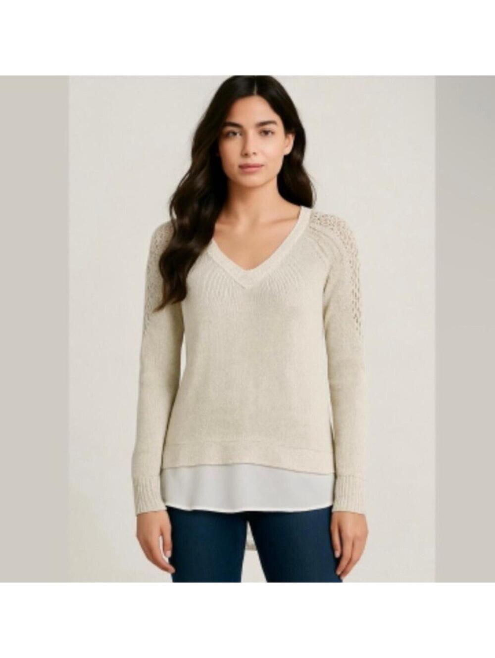 Lucky Brand Chiffon Lined Metallic Linen Cream Layered Sweater Womens Small